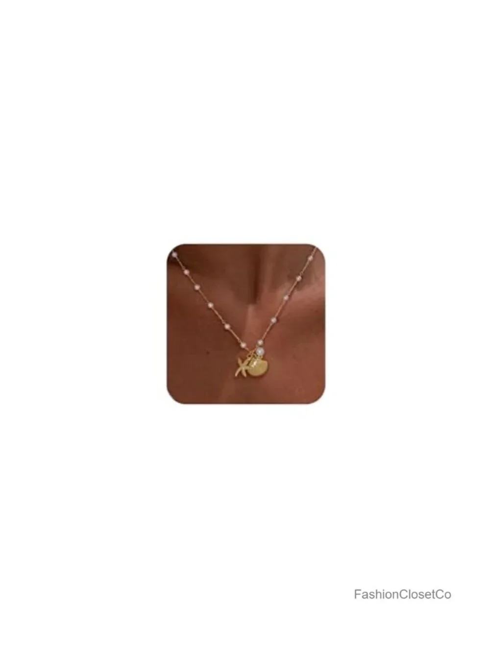 Gold Plated Shell Starfish Boho Pendant Necklace, Waterproof Pearl Jewelry for
